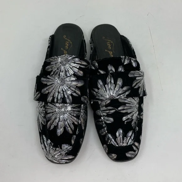 Free People Shoes Black Velvet Mules Silver Embroidered Flowers Size 36 6 - Picture 12 of 14